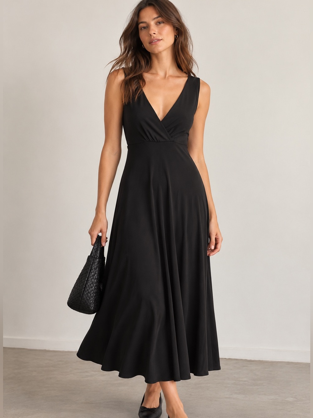 & Other Stories Black V-Neck Jersey Midi Dress Size 4